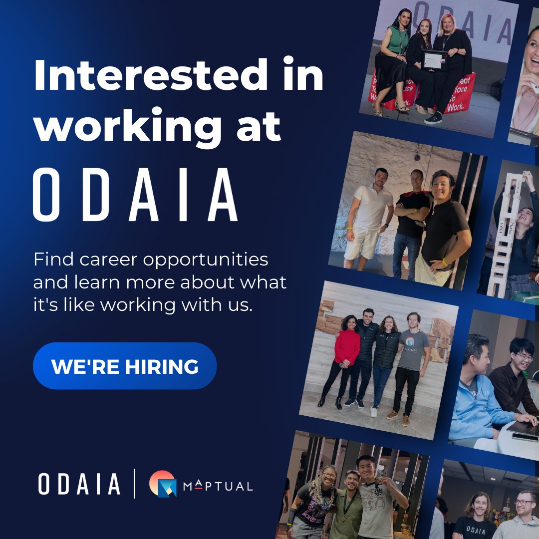Join our dynamic startup culture! We're hiring 💻 Passionate, diverse, and inclusive team. Tremendous growth &amp; learning opportunities. Be part of ODAIA's winning team! Check our job openings: odaia.ai/careers #hiring #career #tech #team #jobopening #ODAIA #MAPTUAL