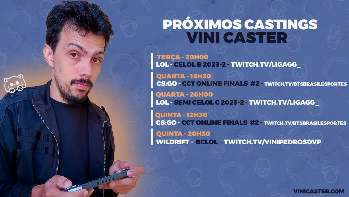 NarradorVP's tweet photo. Agenda de hoje, amanha e quinta deste caster lindo que vos fala.
Terça
20h - LOL- @LigaGG_ - #CELOLB
Quarta
15h30 - CS:GO - @BTSBRcsgo - #CCT
20h00 - LOL - @LigaGG_ - #CELOLC
Quinta
12h30 - CS:GO - @BTSBRcsgo - #CCT
20h30 - #BCLOL - Wild Rift
Arte: @Nanyeedrw https://t.co/MGPlbWiI4g