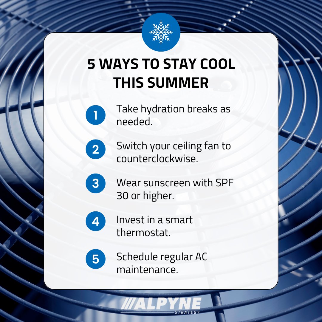 AlpyneStrategy's tweet photo. Stay cool ❄️ this summer with these five tips. ⬇️

#HVAC #HVACR #NashvilleTN #Nashville #MurfreesboroTN #Murfreesboro #Tennessee #MiddleTN https://t.co/vYZzHhzWZA