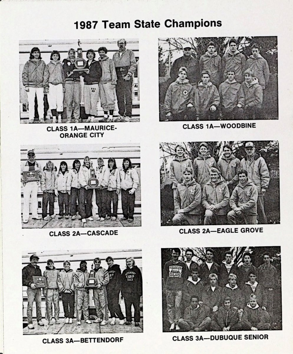 IHSAA's tweet photo. With the cross country season upon us, today's #AchieveUpdate shares pictures of the 1987 champions! This was also the first year that the distance was raised to 5,000 meters for male competitors! 🏆 https://t.co/cfzgmN8W4A