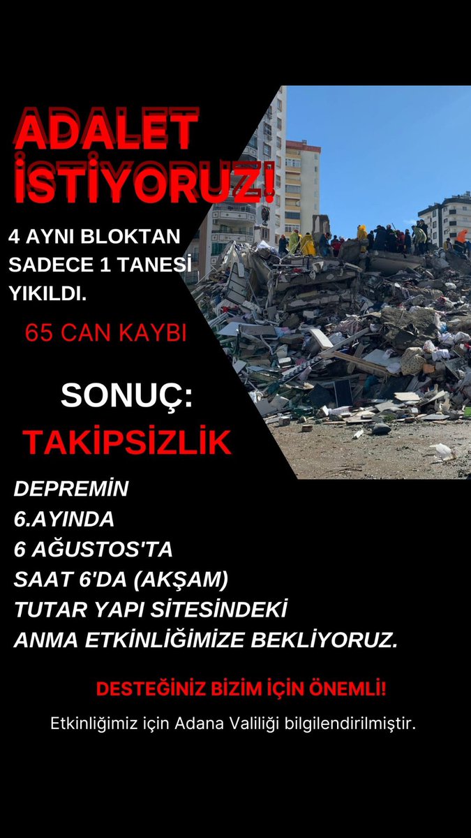 Bir retweetiniz yeter. Bizim, hayatını kaybeden yakınlarımızın hakkını aramayacağımızı kimse düşünmemeli. Sonuna kadar gideceğiz. Siz de bize sesimiz olarak destek olabilirsiniz. <a href="/ismailsaymaz/">İsmail Saymaz</a> #tutarsitesi #tutarortakdavamız #Adana #deprem