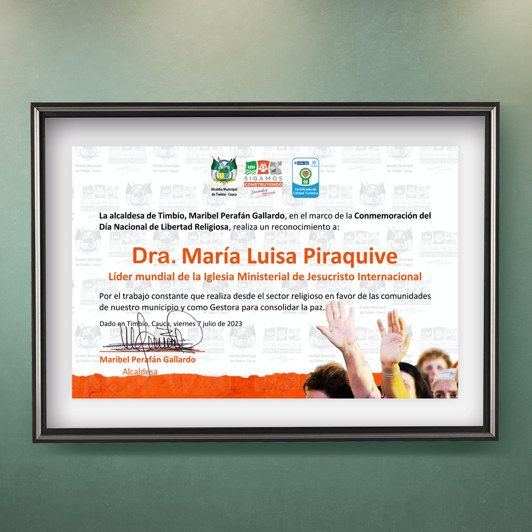 IDMJIoficial's tweet photo. 🇨🇴 Reconocimiento a la Hermana María Luisa Piraquive Timbío, Cauca, Colombia - 2023
https://t.co/SPfapH4GlQ

La Alcaldía Municipal de Timbío, Cauca, Colombia, en el marco de la Conmemoración del Día Nacional de Libertad Religiosa, realizó un reconocimiento a la Hermana María Luisa Piraquive, Líder Mundial de la Iglesia de Dios Ministerial de Jesucristo Internacional.

Por el trabajo constante que realiza desde el sector religioso en favor de las comunidades del municipio y como gestora para consolidar la paz.