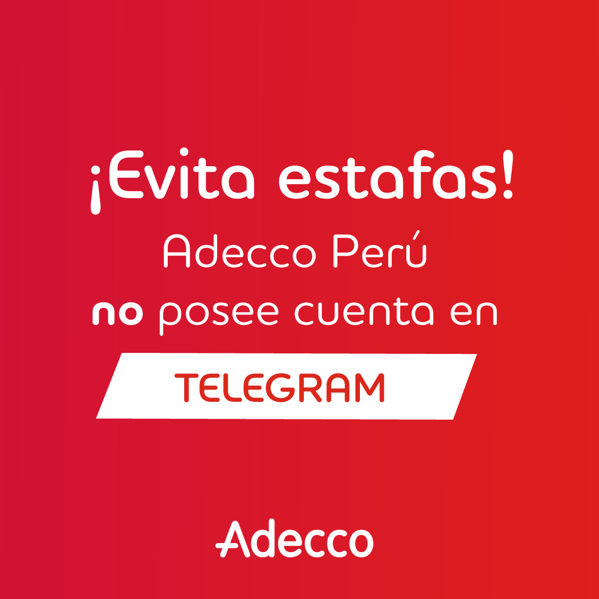 No caigas en una posible estafa📷
Adecco Perú no posee cuenta en Telegram. Nuestras redes sociales oficiales son:
facebook.com/AdeccoPeru/
instagram.com/adeccoperu/
x.com/adeccoperu?lan…