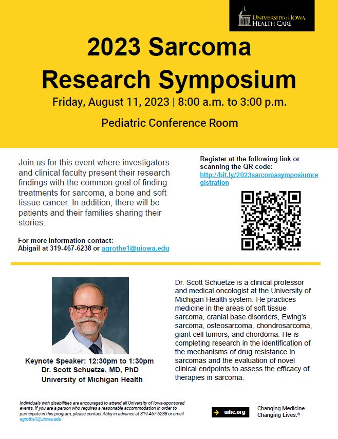 SarcomaIowa's tweet photo. The deadline for registering for the 2023 Sarcoma Symposium is this Friday, August 4th! Follow this link - https://t.co/wW2NQlAFme - or the QR code on the flyer to register. We'd love to have you join us! https://t.co/Haj1waemj8