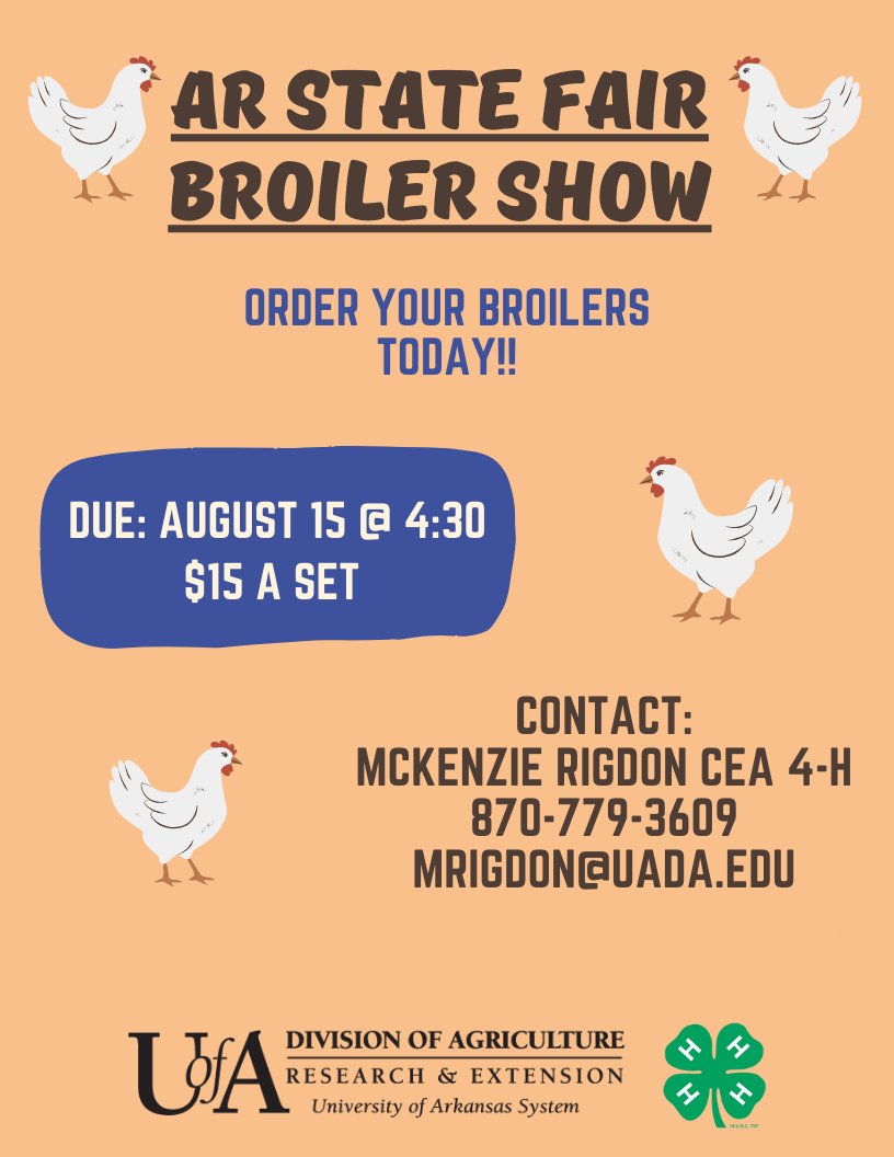 MillerCo4H's tweet photo. ATTENTION ATTENTION!!! If you would like to show broilers at Arkansas State Fair be sure to get your orders to Mrs. Rigdon before August 15 @ 4:30

Pick up will be August 31, 2023 https://t.co/0Yc2cQZAQl