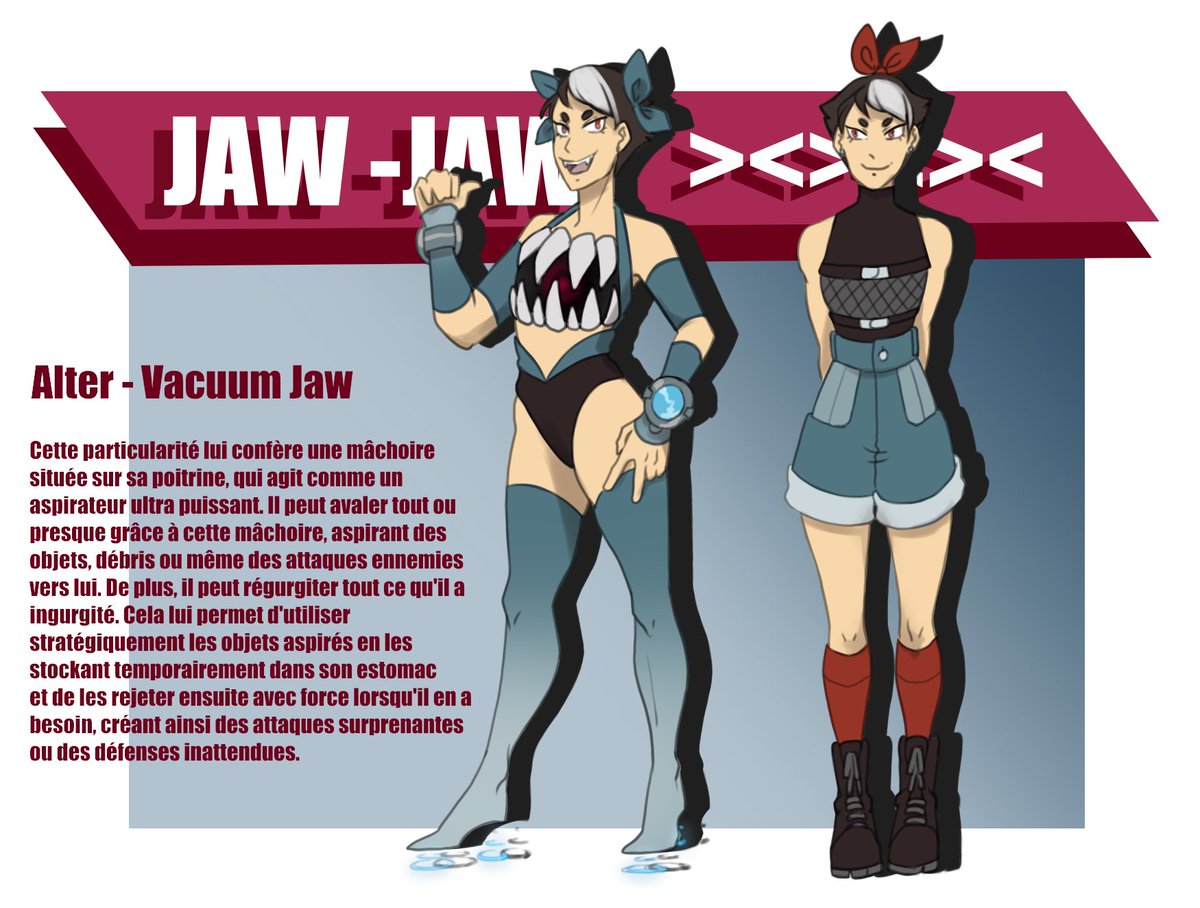 Jaw-Jaw:
Son entrée à UA fut difficile, son Alter a sa propre personnalité imprévisible.Les échecs la frustrent ainsi que l'Alter semblant se rebeller.Aujourd'hui en dernière année, elle continue de forger son pouvoir,provoquant parfois des catastrophes !
#mhachallenge2023