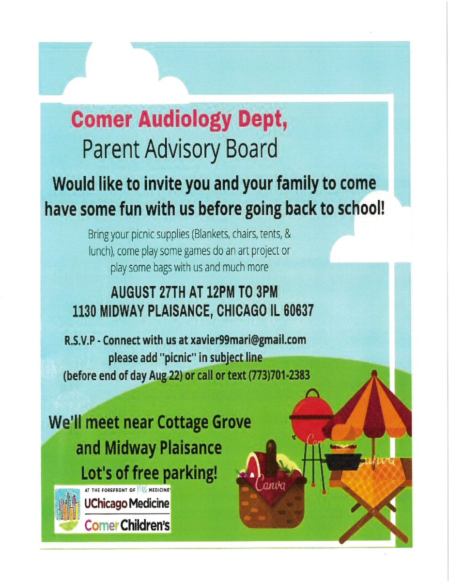Join our Parent Advisory Board as they host their 2nd Annual Back 2 School Picnic! You don't have to be a UChicago patient! 

This is a great way to meet other greater Chicago hearing loss community members!
August 27th from Noon-3pm at the Midway Plaisance near the ice rink!