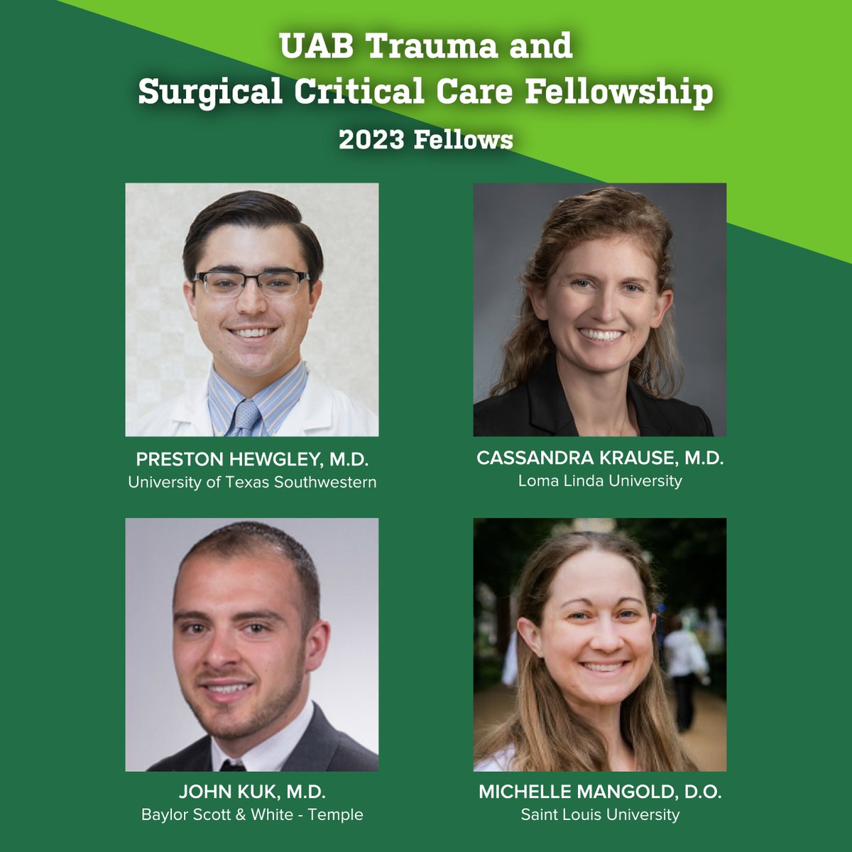 UABTrauma's tweet photo. Join us in welcoming our 2023 Trauma and Surgical Critical Care fellows who started this week!
Drs. Preston Hewgley, Cassandra Krause, John Kuk, and Michelle Mangold - we're glad y'all are here.
#traumafellowship #traumafellow #traumasurgery #surgicalcriticalcare
@UABSurgery https://t.co/pmTW5Dnmhv