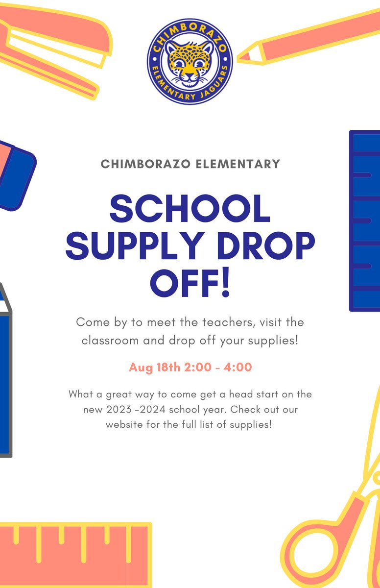 School starts this month! Come for our Open House style supply drop off on Friday, August 18th from 2:00-4:00pm. Meet and greet!