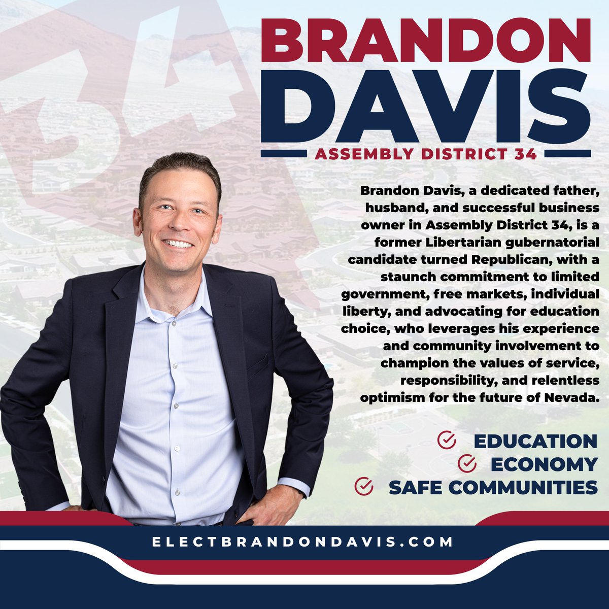 1brandondavis's tweet photo. BIG NEWS. I'm running for Nevada Assembly District 34 in 2024.
Over the next 15 months, we’re going to be running a robust campaign that focuses on school choice initiatives, economic growth, secure communities, healthcare accessibility, and the protection of individual rights and liberties.
I’ve been a Nevadan for over a decade. My children go to school in District 34, I have businesses in District 34, and I love being a part of this community.
My life and career stand as a testament to resilience and the belief in the power of community and opportunity. In Carson City, I will champion choice in education, transparent governance, and fiercely protect individual rights and liberties.
My commitment to economic growth is not merely a campaign promise, but a commitment rooted in my own journey as a small business owner. I am not just a candidate; I am a promise of progress, a beacon of hope, and a testament to the Battleborn spirit of Nevada.
Assembly District 34 needs a voice in Carson City who understands the struggles of our community, shares our values, and has the vision and determination to fight on our behalf. I will advocate for the people, not special interests.
I'm asking you for your support. Visit https://t.co/3YeEWCEc8I to volunteer or contribute. We've got a lot of work to do and I hope you'll join us.
#nevada #nvleg #davisfor34