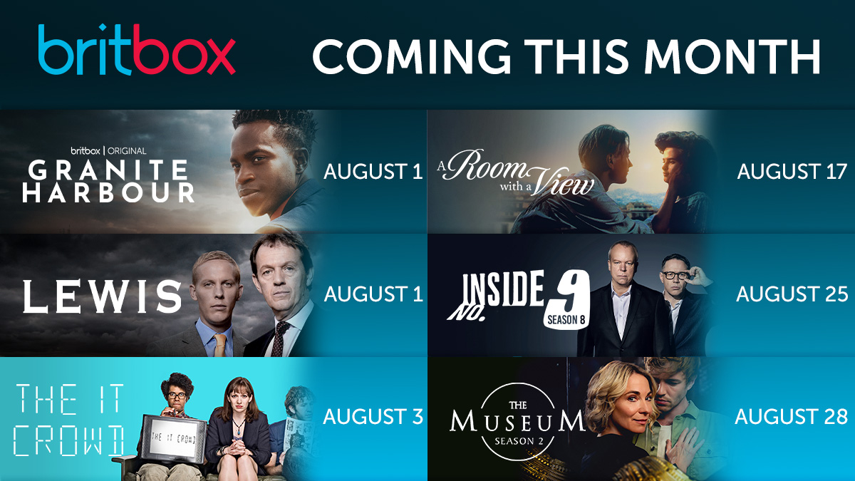 BritBox_US's tweet image. Well, it's too hot for outside.  Here's what #BritBox has in August instead. #GraniteHarbour #ITCrowd #Lewis #InsideNo9 #ARoomWithAView
