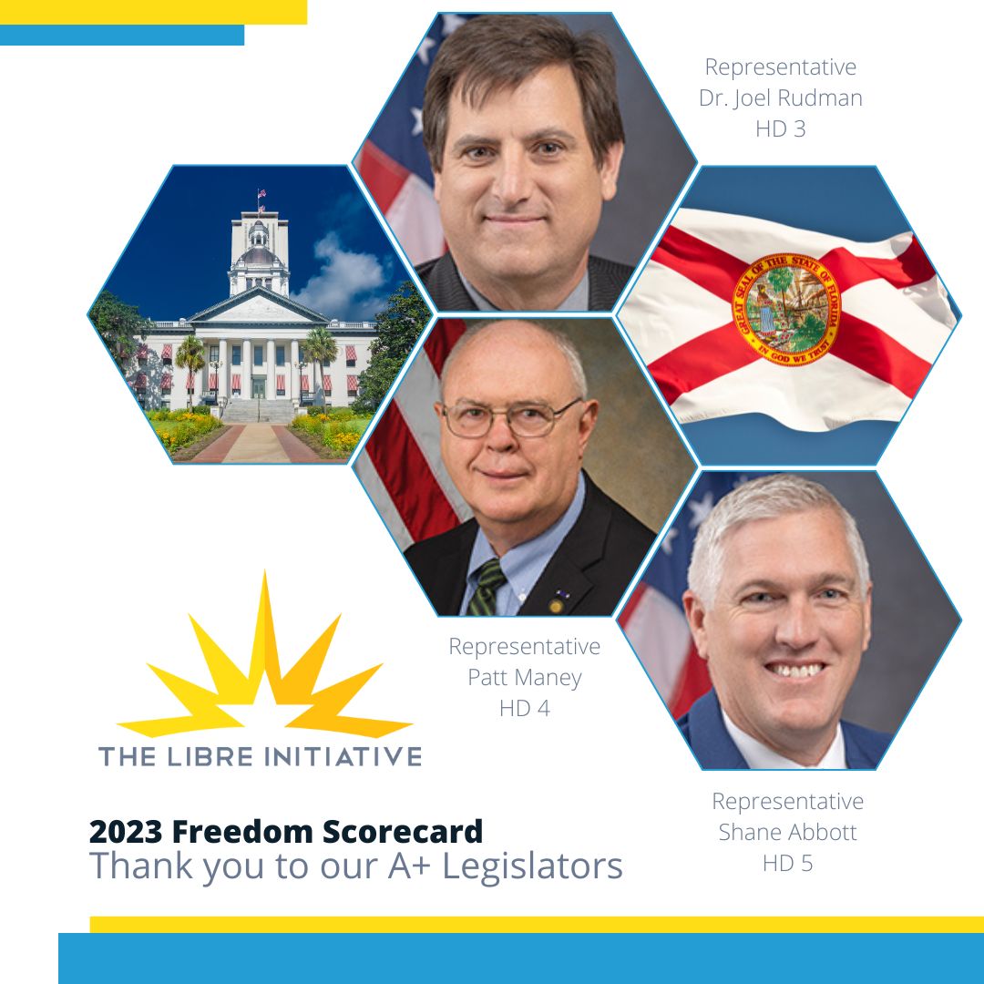 LIBREflorida's tweet photo. We are grateful to Florida State Representatives Dr. Joel Rudman, Patt Maney, and Shane Abbott for their exceptional 2023 Legislative Session and unwavering commitment to freedom in Florida. All of you are A+ champions for our Hispanic Community. #Flapol #2023session #beLIBRE https://t.co/NIkr96qHJ1