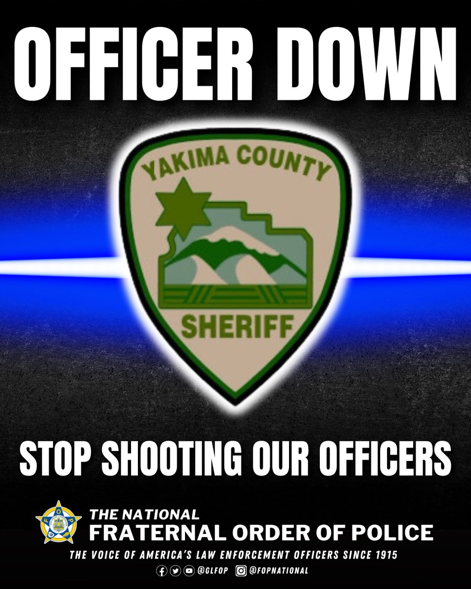 GLFOP's tweet photo. 🚨 OFFICER DOWN: Please pray for the Yakima County (WA) Sheriff’s Deputy who was shot in the line of duty while responding to a domestic dispute. As the Deputy was helping a woman, the male suspect, who was the other party in the domestic dispute, started shooting, striking the Deputy 3 times.

The violence against the men and women of law enforcement is an attack on the foundation of our communities and a stain on society. #NoMore 

STOP SHOOTING OUR OFFICERS!
