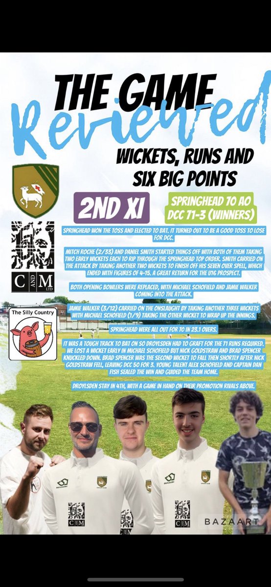 DroylsdenCric's tweet photo. 2 match report from our win against Springhead on Saturday https://t.co/mY9WFfbvz8