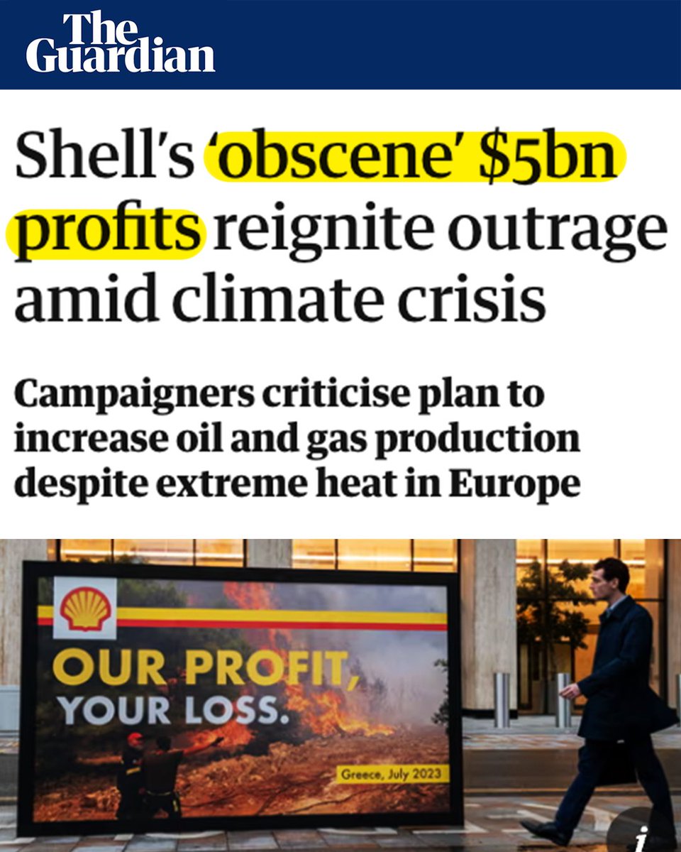 Last week Shell made £3.9 BILLION in quarterly profits while Greece fought wildfires. Wildfires which scientists say are becoming more frequent and intense because of the climate crisis. A crisis which fossil fuel companies like Shell are driving.⁠

Can you see the problem?⁠