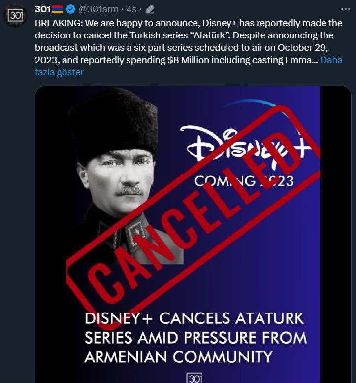 Ermeni lobisinin baskılarıyla Atatürk dizisini yayınlamaktan vazgeçen Disney+'a tepkinizi koyun, üyeliğinizi iptal edin.

Atatürk'e saygı göstermeyen, bizden saygı beklemesin.

#Disneyiptalet #BoykotDisneyPlus