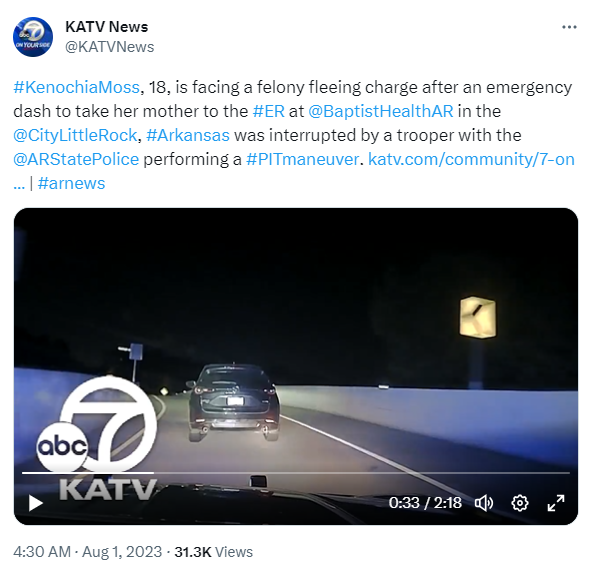ARStatePolice's tweet photo. This story is not accurate.
We have asked KATV to correct false &amp; incomplete reporting.
What KATV did NOT report:
She refused to stop and reached 115 mph.
She passed at least two OTHER hospitals.
ASP NEVER charged her with a felony. 

Sensationalism over journalism is dangerous. https://t.co/fffEEZCzYU