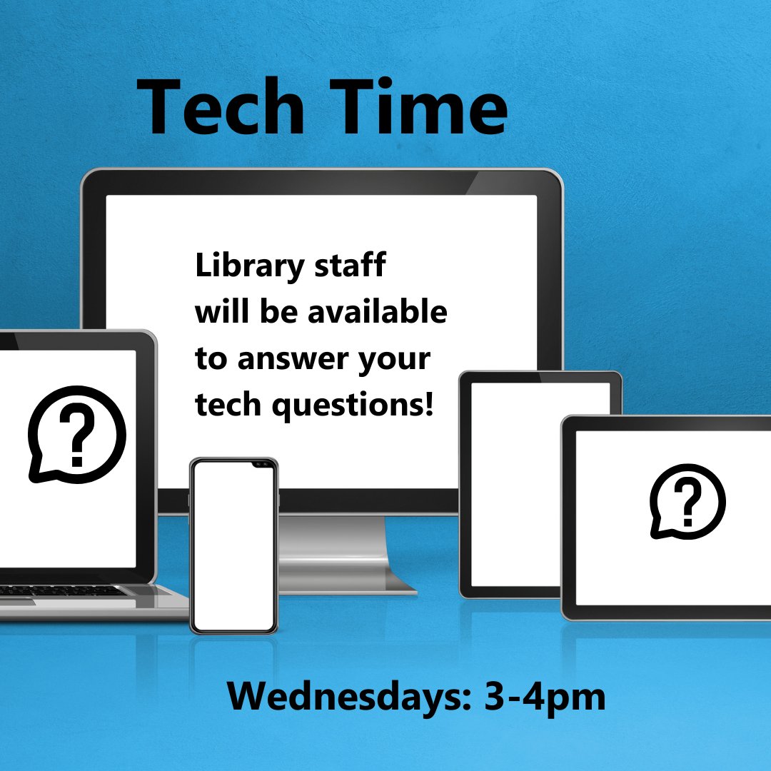NCHCPL's tweet image. 💻  Tech Time is tomorrow (Wednesday). If you have any tech questions about your smartphone, laptop, or tablet, bring them to the Information Desk between 3 pm and 4 pm to have them answered. bit.ly/3QcE0Td

#NCHCPublicLibrary #TechTime