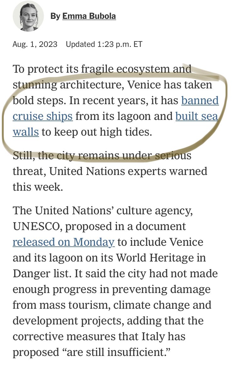 WearehereVenice's tweet photo. Disappointingly @nytimes @EmmaBubola are sloppy at this delicate moment for Venice. Nothing “bold” about NOT banning cruiseships. Instead they’re  shunted to Chioggia &amp; Marghera INSIDE the Lagoon. Plus mobile gates are NOT seawalls. https://t.co/6jQPfxpwPf