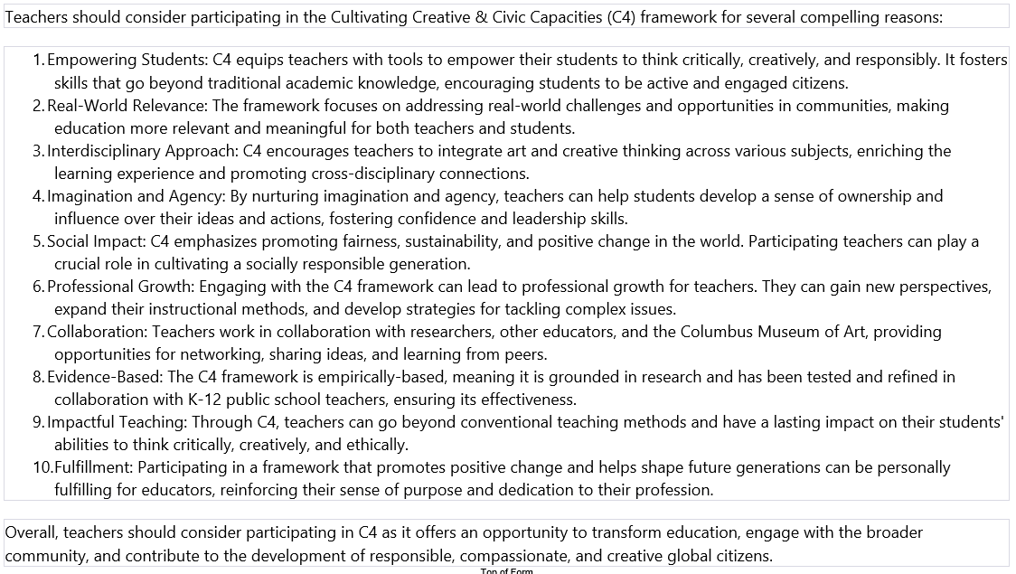 I asked ChatGPT why #teachers should participate in #C4PZCMA and it gave these 10 compelling reasons...so, 🏃‍♀️ don't walk !! columbusmuseum.org/resources/c4/