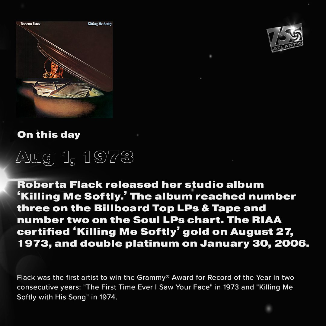 AtlanticRecords's tweet photo. On this day in 1973… @Roberta_Flack released her double platinum album “Killing Me Softly” #ATL75 To celebrate the 50th anniversary shop exclusive merch now.
🔗 https://t.co/WiNBDbv7Oc https://t.co/81YKQ57Zs3