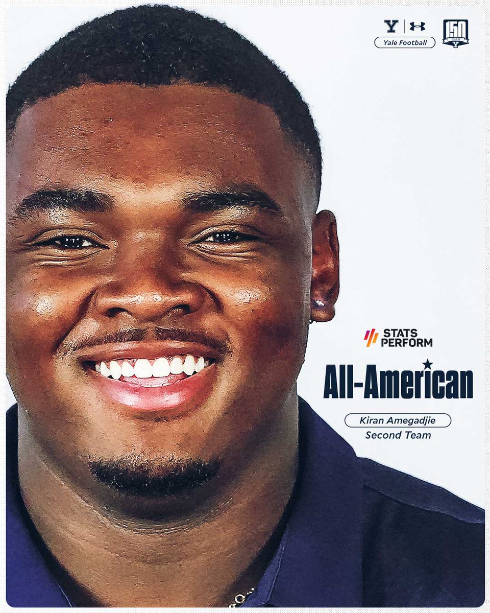 🏆 More pre-season accolades for the Bulldogs!

🔵 Congratulations to OL Kiran Amegadjie on being named an FCS All-American by @FCS_STATS! 

#ThisIsYale | #Team150