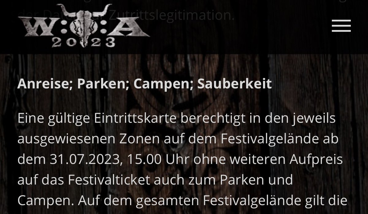 Thomas Jensen kennt seine eigenen AGB nicht: 

„Eine gültige Eintrittskarte berechtigt (…) zum Parken“

Er verwehrt das Parken. Bzw stellt keine Flächen hierfür zur Verfügung —> Vertragsbruch. Geld zurück. So einfach ist das.

 #WackenOpenAir #Wacken