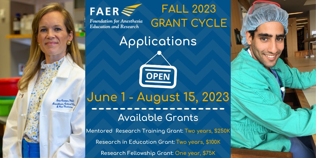 #Anesthesiology investigators take note – applications for <a href="/FAERanesthesia/">FAER</a>’s MRTG, REG, &amp; RFG are open through 8/15!
FAER funding is a wonderful way to take your #research career to the next level. We encourage all those eligible to apply at FAER.org/Grants!
#FAERgrants