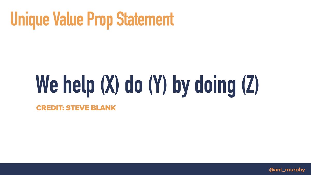 ant_murphy's tweet photo. A guide to communicating your product’s Unique Value Prop:

Steve Blank developed the following statement for articulating your UVP: 

We help (X) do (Y) by doing (Z)

X = Target customer 
Y = Problem they’re facing 
Z = How we solve it for them

Let's look at some examples 👇 https://t.co/u2ehLXLf3Q
