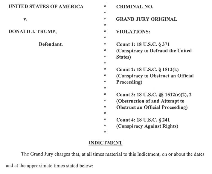 MeidasTouch's tweet photo. 🚨 TRUMP INDICTED

Donald Trump has been INDICTED on FOUR CRIMINAL COUNTS for his 2020 election interference. 

Count 1: 18 U.S.C. § 371 (Conspiracy to Defraud the United States)
Count 2: 18 U.S. C. § 1512(k) (Conspiracy to Obstruct an Official Proceeding)
Count 3: 18 U.S.C. §§ 1512(c)(2), 2 (Obstruction of and Attempt to Obstruct an Official Proceeding)
Count 4: 18 U.S.C. § 241 (Conspiracy Against Rights)