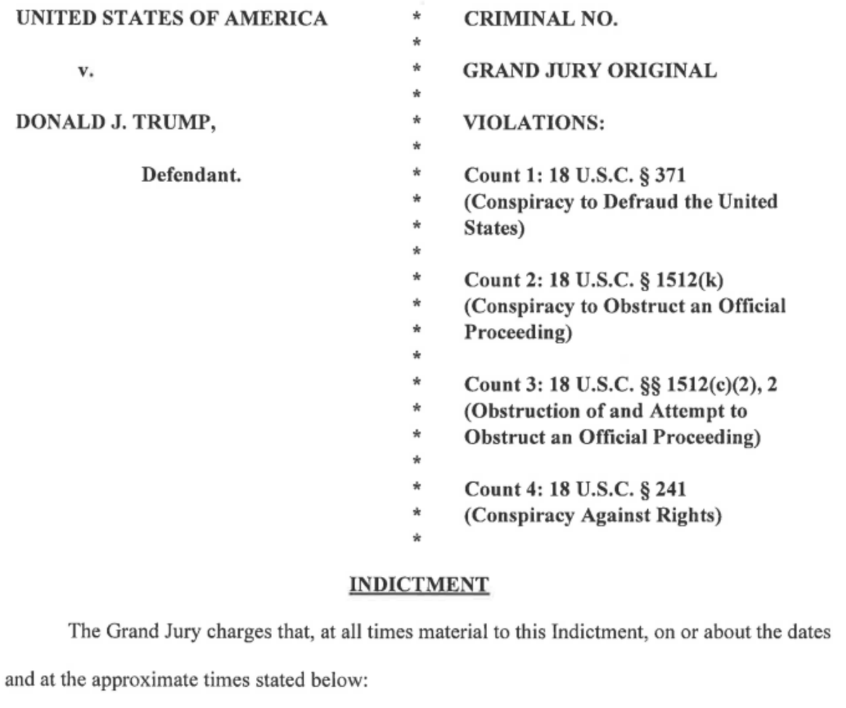 krassenstein's tweet photo. BREAKING:  Trump Charges Released:

Here are the criminal counts that were just filed against former President Trump in the Jack Smith Election Interference Case:

Count 1: Conspiracy to defraud US

Count 2: Conspiracy to Obstruct an Official Proceeding

Count 3: Conspiracy  to obstruct an official proceeding

Count 4: Conspiracy against rights

Trump will appear at 4PM on Thursday at Court House.  

These are incredibly bad charges to be found guilty on.