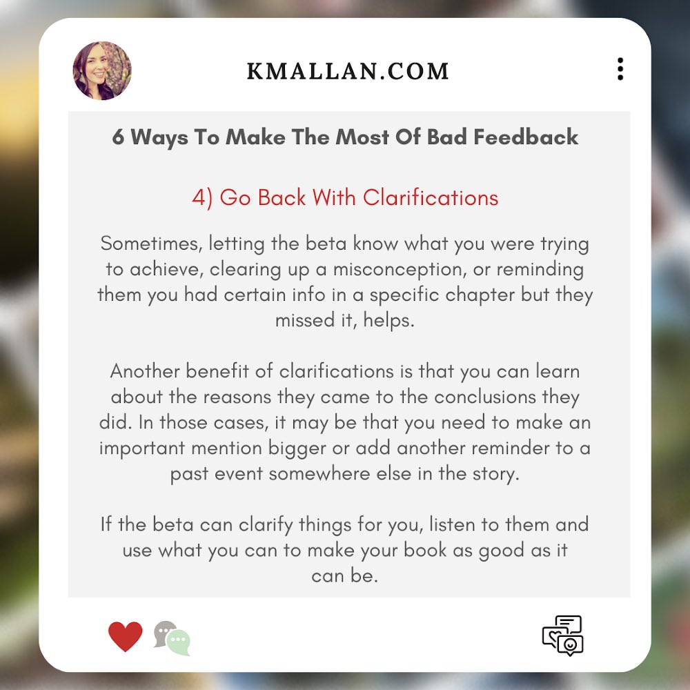 KMAllan_writer's tweet photo. #WritingTipWednesday - 4) Go Back With Clarifications
Taken from the #blog post, 6 Ways To Make The Most Of Bad Feedback: https://t.co/Wv7QJUUXwm
...
#wednesdaywisdom #writingcommunity #writingtruths #writingtips #writingproblems #writingadvice https://t.co/rHOJGjjvlO