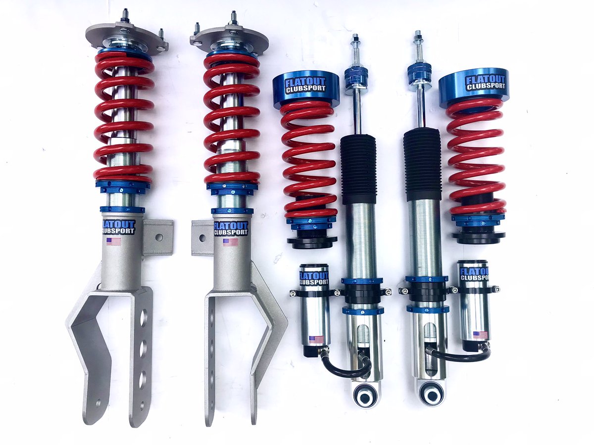 FlatoutSus's tweet photo. Flatout ClubSport (CS) for the @Tesla Model S (and Model 3, Model X, and Model Y) features inverted front shocks, rear shocks with reservoirs, rear spring adaptor accepts any 2.5ID spring to make rate changes easy. With the digressive valving, it’s sure to impress on the track! https://t.co/7lph9mS9kK