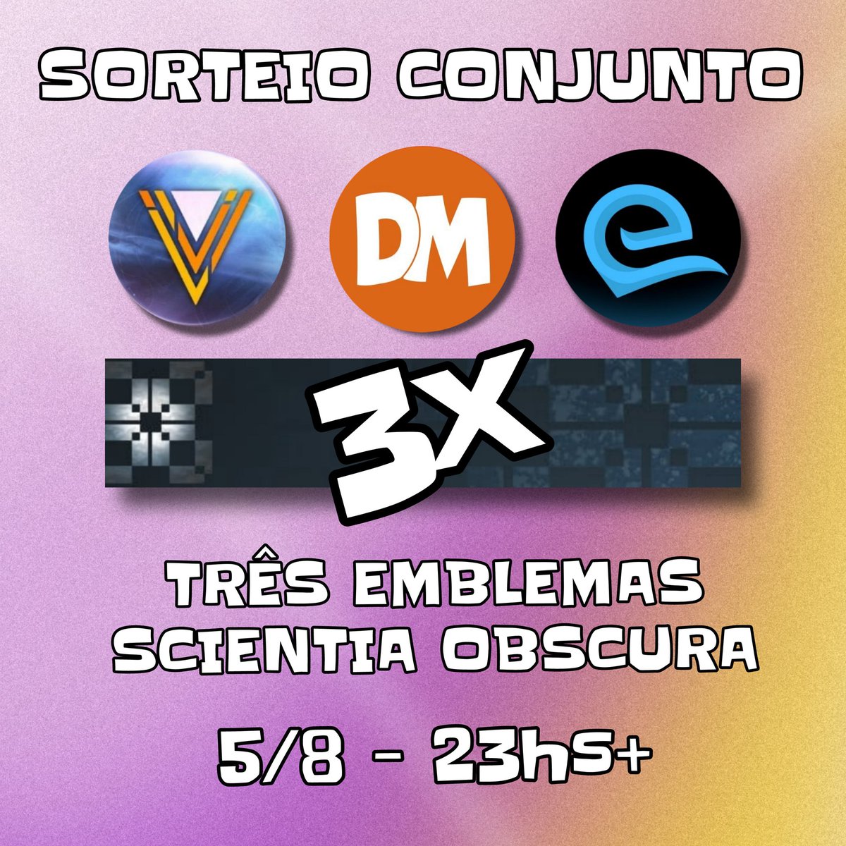 Pensaram que tinha acabado né?!

Pois tem sorteio na área e é chance tripla!

Gratos a <a href="/destinygameBR/">Destiny 2 BR</a> por proporcionar mais essa oportunidade.

Para participar:

Seguir <a href="/destinygameBR/">Destiny 2 BR</a>, <a href="/TheVanguardBR/">TheVanguardBR</a>, <a href="/detestiny/">detesthon</a> e <a href="/oEversonBr/">oEverson</a>

Like e RT neste post.

Boa sorte! 
#Destiny2 #emblem