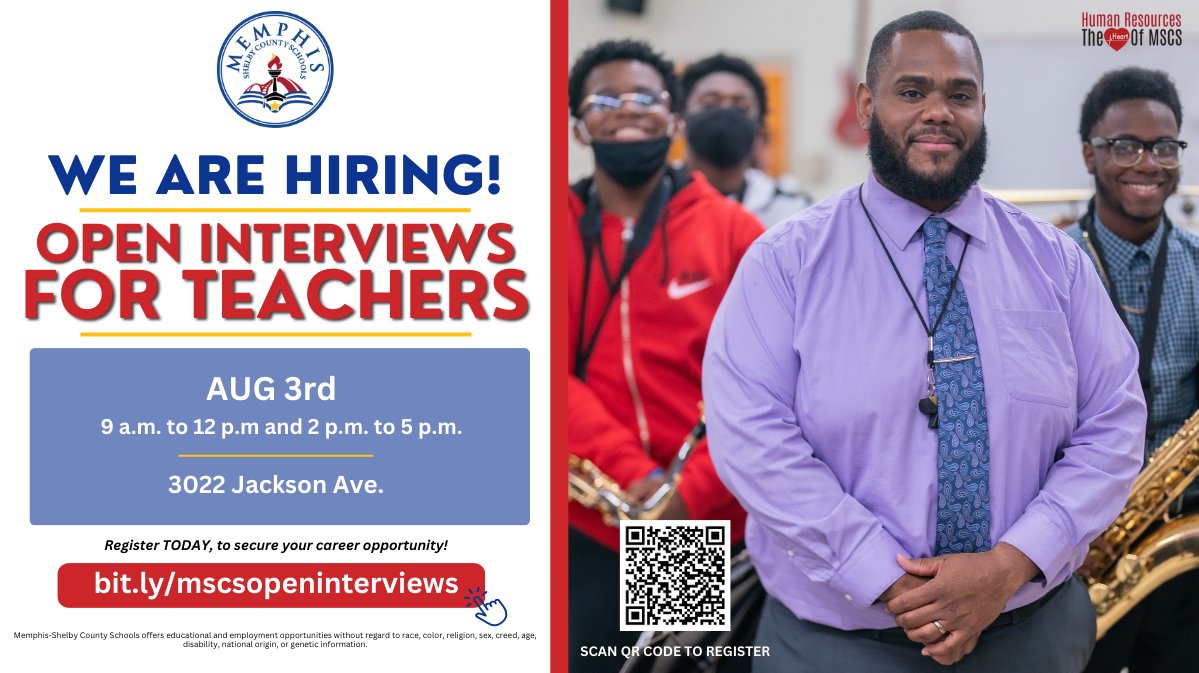 MSCSK12's tweet photo. MSCS is hosting Open Interviews for Classroom Teachers for this school year! 

🗓️Thurs., Aug. 3 from 9am-12pm &amp; 2-5pm 
📍New Teacher Academy, 3022 Jackson Ave.

Register NOW to secure your new career opportunity today!  https://t.co/pIbgWT97Ww https://t.co/4IuoLnXpLI