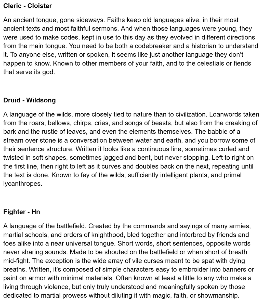 NineFootPole's tweet photo. Why should rogues and druids get all the secret talking fun? I decided to give all the classes a secret language of their own. #dungeonsanddragons #pathfinder2e https://t.co/Ldt4ct0FMO