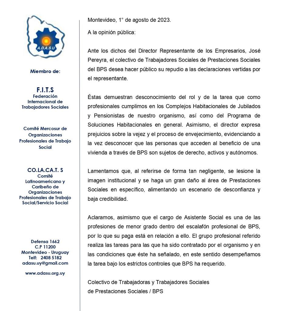 AdasuUruguay's tweet photo. La Asociación de Asistentes Sociales del Uruguay - ADASU apoya la declaración de profesionales de Trabajo Social de Prestaciones Sociales del BPS, ante declaraciones que buscan debilitar lo público y muestran el desconocimiento del ejercicio profesional de nuestras/os colegas. https://t.co/BMv60CKtvo