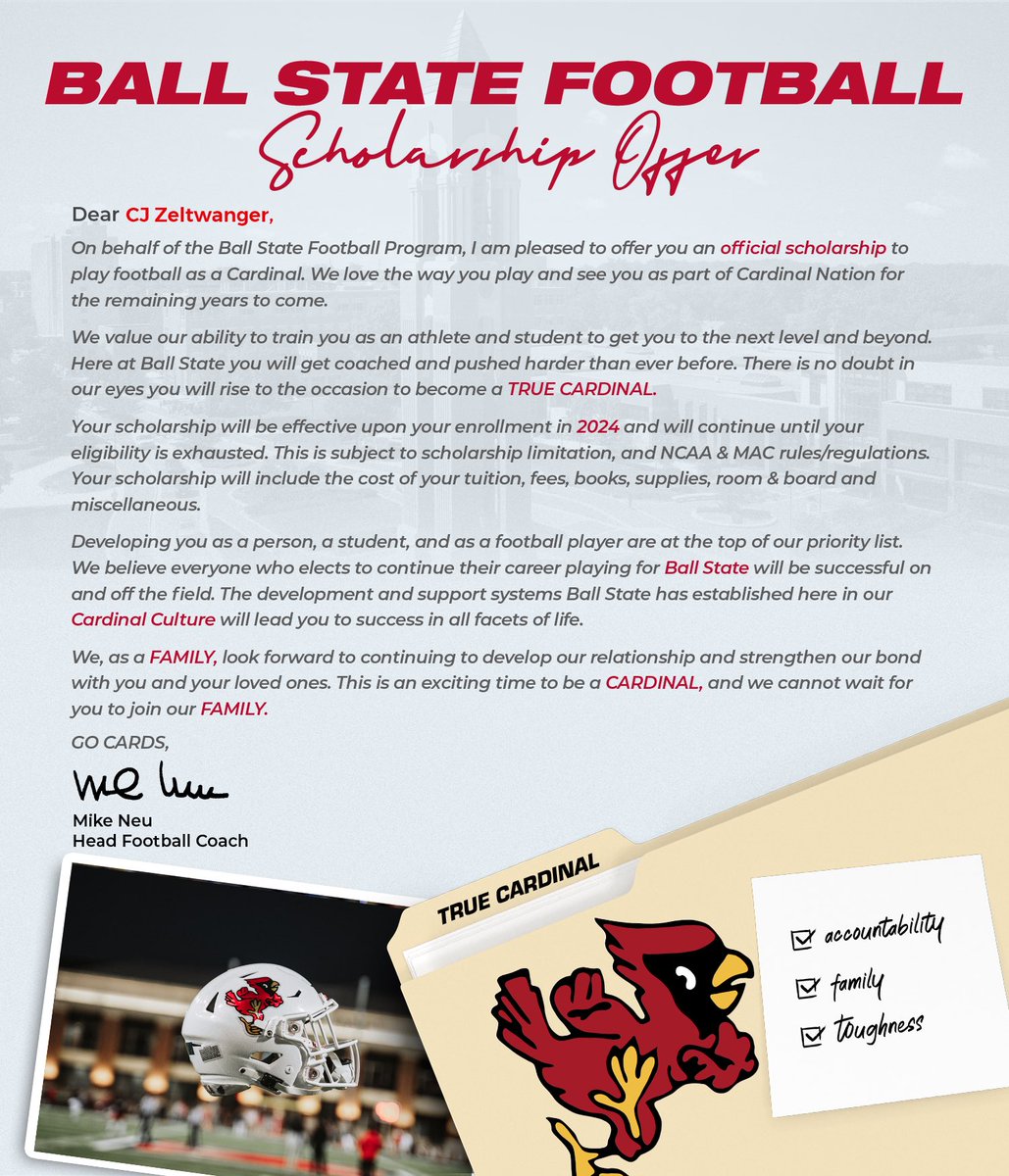 Beyond grateful to have received my official scholarship offer from @BallStateFB, can’t wait to join the family! @CoachJohnson64 @BSUCoachNeu @CoachAI @_CoachHoov