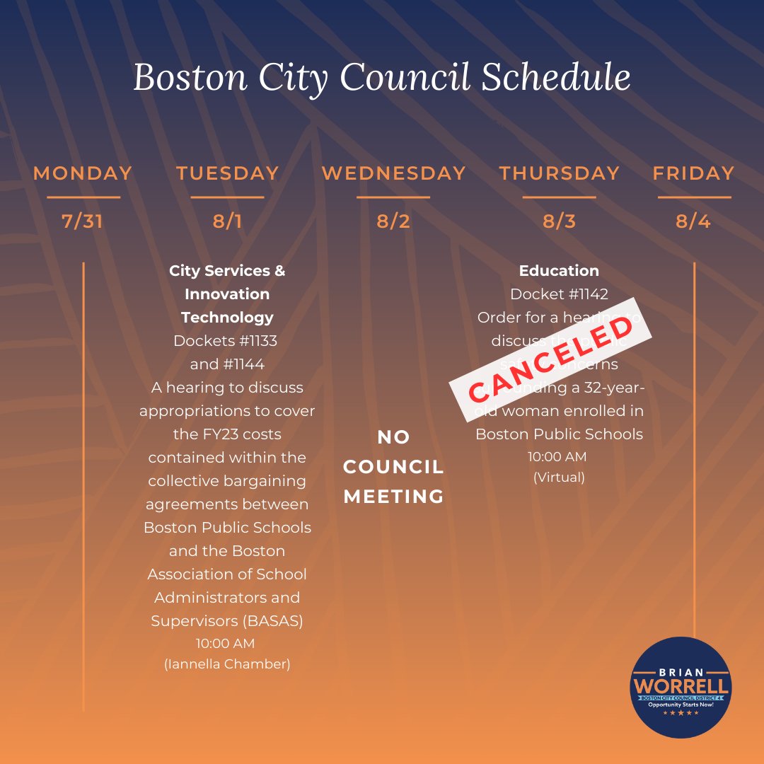 VoteWorrell's tweet photo. 📅 Boston City Council Schedule 🏛️

Join us as we discuss vital issues shaping our beloved city! 🌆 Your voice matters, and we want to hear from YOU! 🗣️

#BostonCityCouncil #bospoli https://t.co/hIos3pSQwA