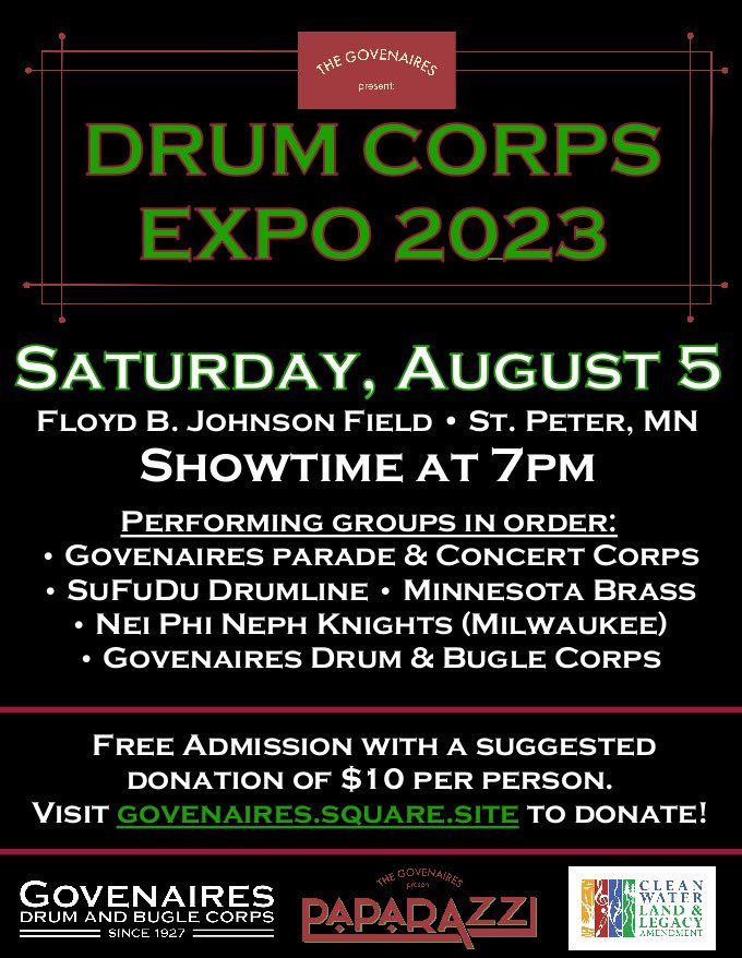 Govenaires's tweet photo. 📸 We have TWO shows happening this week! Check out our 2023 program, “Paparazzi”

• DCI Show — March On! at Eastview HS (Apple Valley) tomorrow 8/2

• Our home show — Drum Corps Expo — on Saturday 8/5 at Floyd B. Johnson Field in St. Peter, MN
.
.
.
#govies2023 #dci #dci2023 https://t.co/lJIniK9HL5