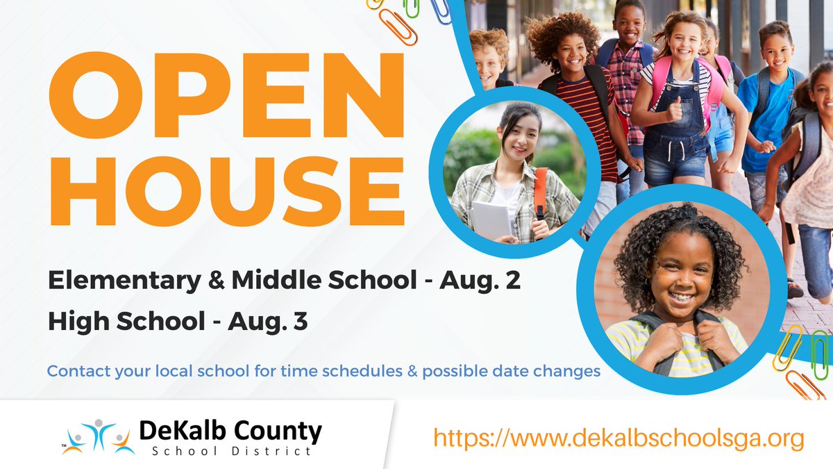 DeKalbSchools's tweet photo. Heads up, #DCSD Parents & Guardians! 📣 Open Houses at Elementary & Middle Schools on Aug 2 & High Schools on Aug 3. Confirm times & any changes with your local school. Let's #LevelUpDCSD⬆️ together. Can't wait to see you! 🎉🏫
#iLoveDCSD💙🧡 https://t.co/ra0Cq5Exh4