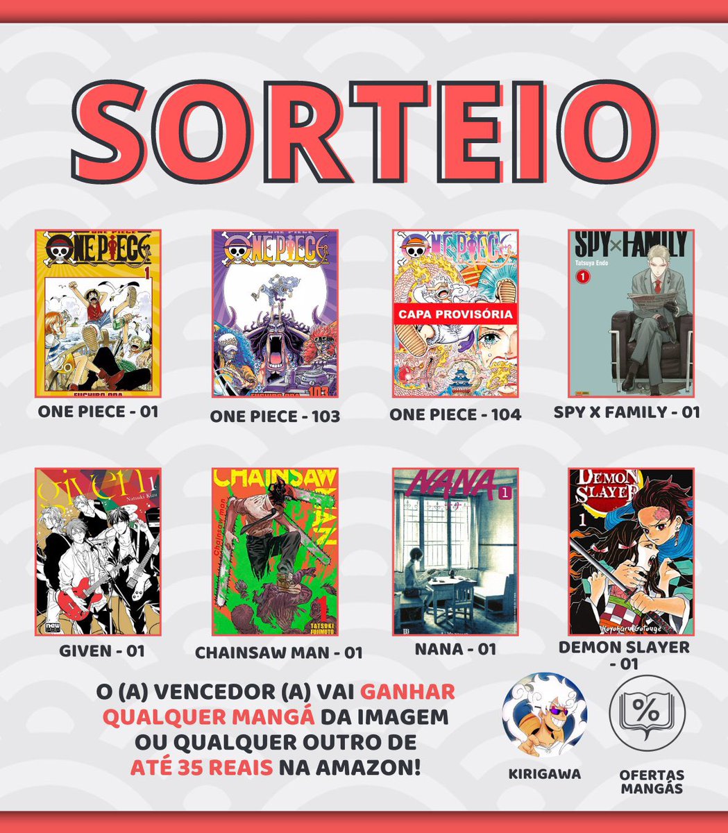 kirigawa_krw's tweet photo. 🚨SORTEIO⚡️

📚💫 O(a) vencedor(a) vai ganhar qualquer Mangá da imagem ou qualquer outro de até 35 reais na Amazon!!

REGRAS:

🔴 Seguir @OfertasMangas e @kirigawa_krw
🔴 Curtir e dar RT nesse TWEET
🔴 Comentar qual Mangá vai querer se ganhar.

📅 Resultado: 08/08

🍀 Boa sorte🤙 https://t.co/MzvI6Opw5v