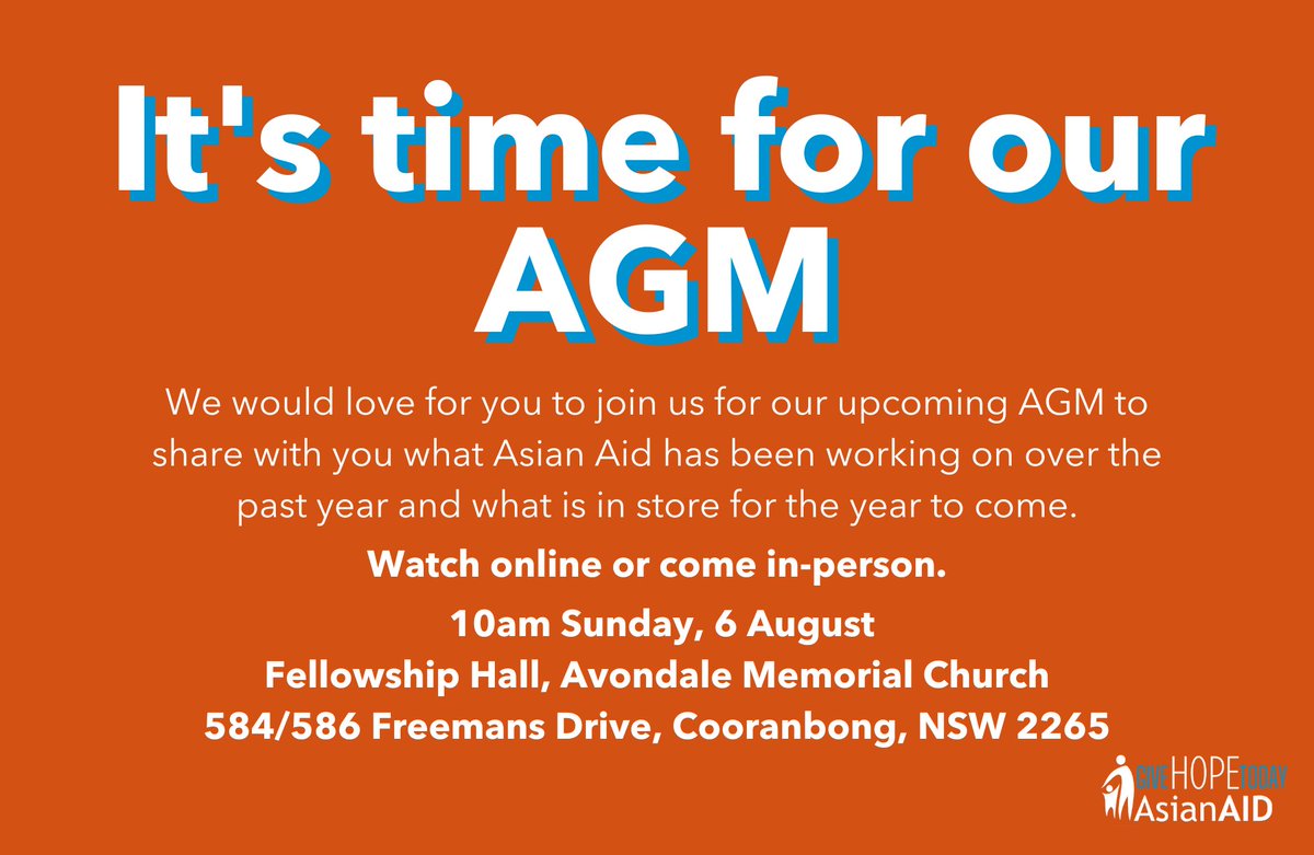 asianaid's tweet photo. It's time for our Annual General Meeting and we are excited to share what we have been working on with you.

To watch online, join us at 10am AEST on Sunday here:
https://t.co/HdDr1Ym6dD https://t.co/QTpq7VNYhj