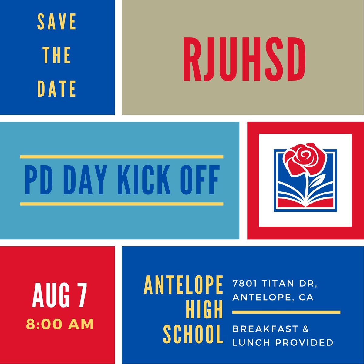 We are excited to partner with you on Monday, August 7th @antelopetitans for our districtwide Professional Development Day. Breakfast, lunch, raffle prizes, inspiration from <a href="/BrettCulp/">Brett Culp 🎥</a> &amp; PLC work time is coming your way <a href="/RJUHSD/">Roseville Joint UHSD</a>
