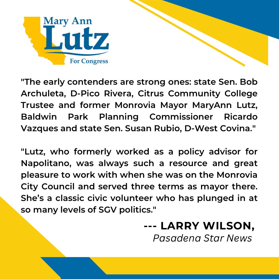 Here’s what Larry Wilson from @PasStarNews had to say in his article : All the candidates lining up to replace Rep. Grace Napolitano.  

🔗 lutzforcongress.com/2023/07/26/all… 

.
#PasadenaStarNews #LarryWilson #GraceNapolitano
#MaryAnnLutz #MaryAnnLutzforCongress #SanGabrielValley #SGV