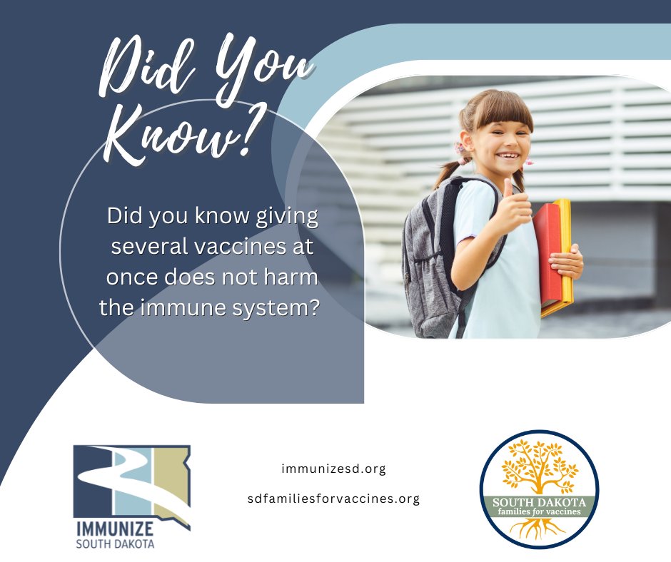 ImmunizeSD's tweet image. Did you know giving several vaccines at once does not harm the immune system? There is no scientific evidence that giving several vaccines at the same time damages, weakens, or overloads an immune system. 

#VaxYourFam #Vaccines #WhyIVax