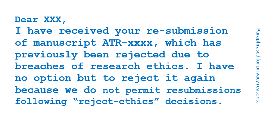 SaraDolnicar's tweet photo. #editorobservation

We see more research ethics breaches

@AnnTourRes has teamed up with JTR+TM in not permitting re-submission of papers previously rejected on the grounds of ethics

It won't fix everything, but it signals clearly that breaching research ethics is unacceptable https://t.co/gFbxQk8oLT