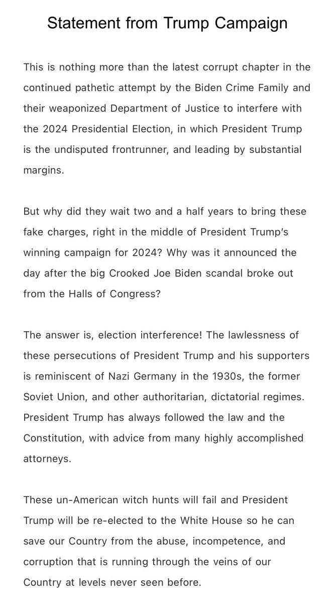 jacobkornbluh's tweet image. The Trump camapign says the federal indictments of Trump “is reminiscent of Nazi Germany in the 1930.”