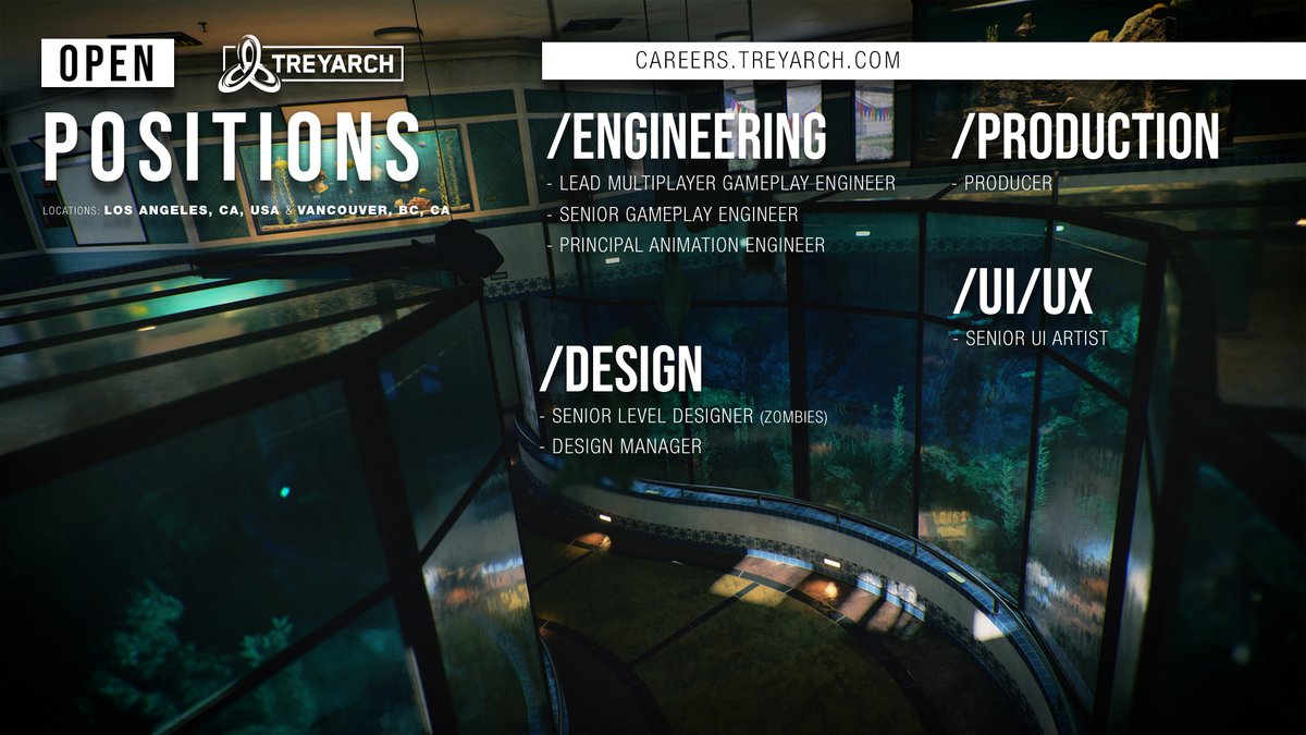 Treyarch's tweet photo. Treyarch is hiring, and we have open positions in Engineering, Production, Design, and UI / UX.

Join us!

Details: https://t.co/6TiXnhSoy5 https://t.co/xq9oWpYWmJ