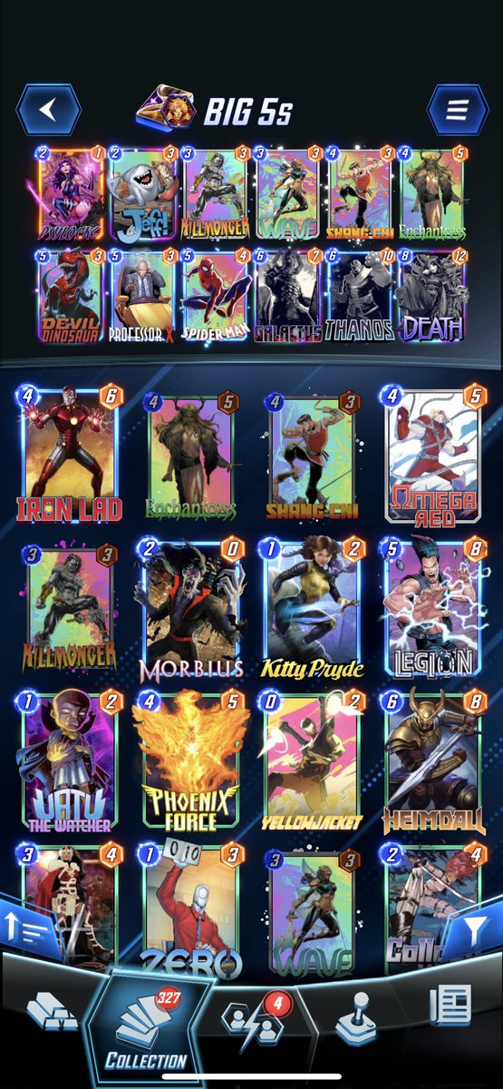 rhoadsismine's tweet photo. Insane Infinite run with the Big 5s. Galactus is a one and done game then you close the rest out with lock out, raw power, or control. This deck has answers for everything and feels super consistent. CL 10K+ #MarvelSnap #Thanos #InfinityConquest https://t.co/5Ep96HjB7A
